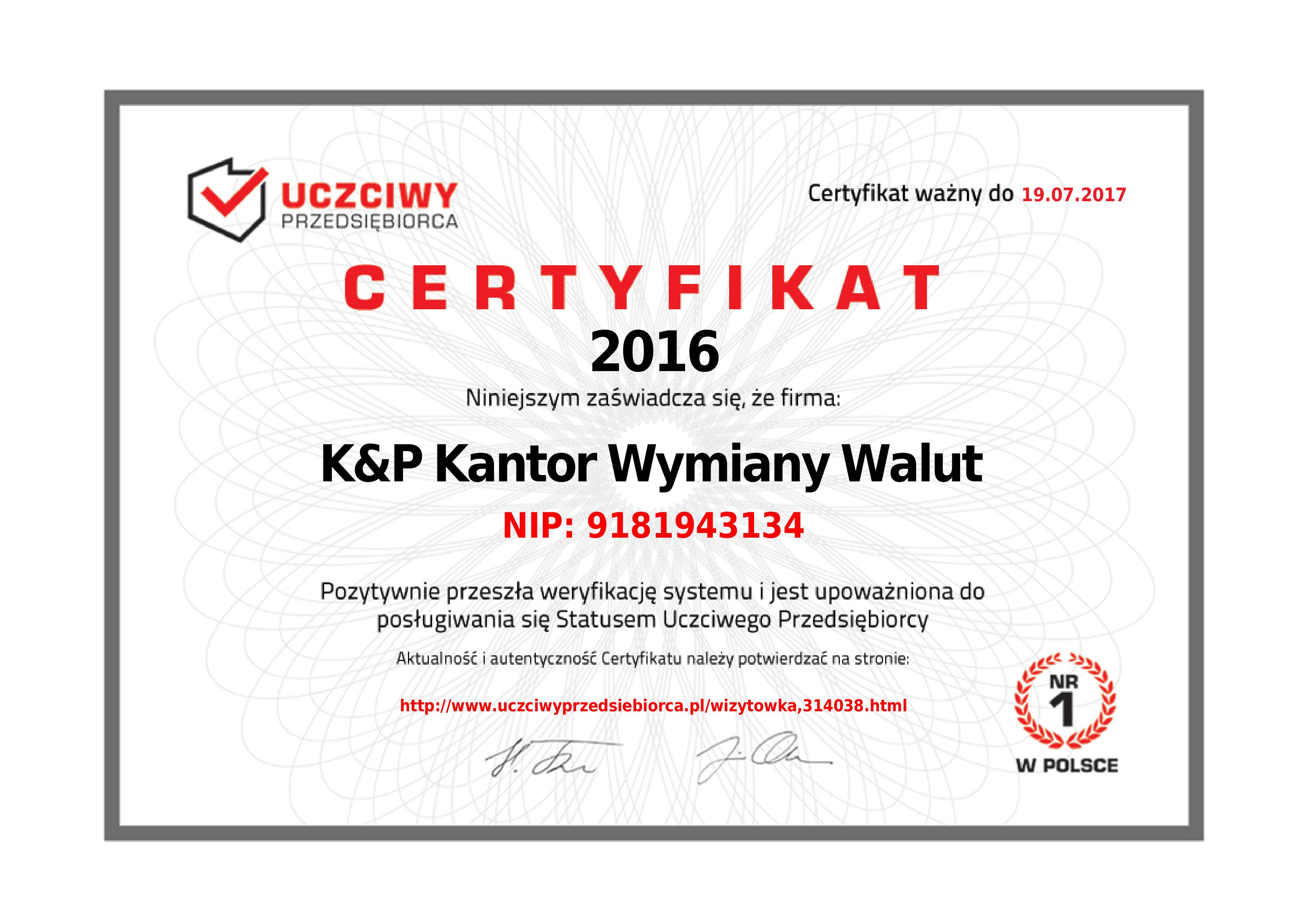Ogólnopolski Certyfikat Uczciwy Przedsiębiorca jest wyróżnieniem dla firmy rzetelnej i godnej zaufania.